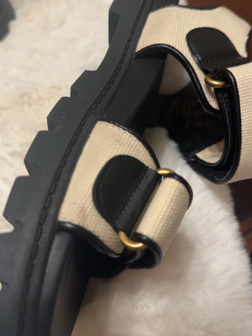 Coach Beige Canvas and Black Leather Strap Sandals with Gold Hardware - Picture 8 of 10